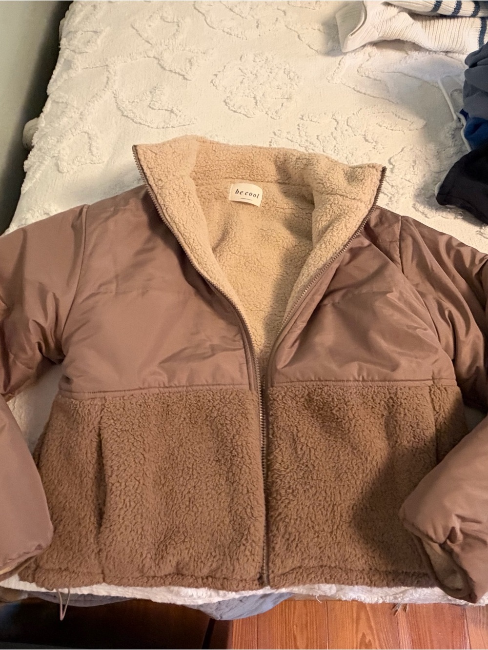 BE COOL Taupe Two-Tone Sherpa & Puffer Jacket